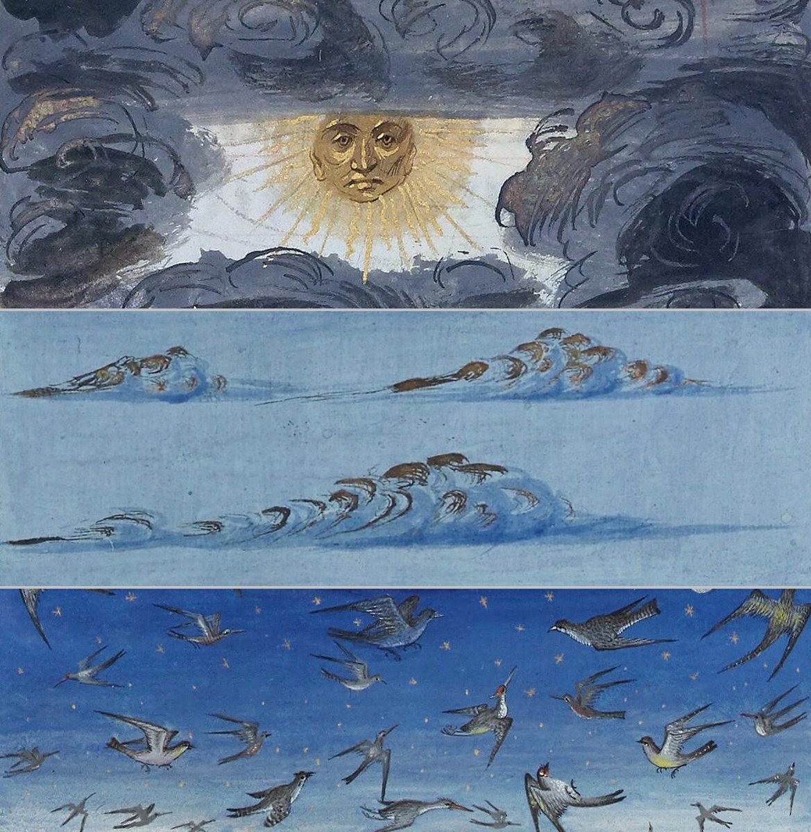 archaeologyart's tweet photo. Illuminated manuscript pages featuring gold-accented depictions of celestial bodies and angelic figures, created in medieval Europe around the early 15th century AD. https://t.co/99CacF34J7