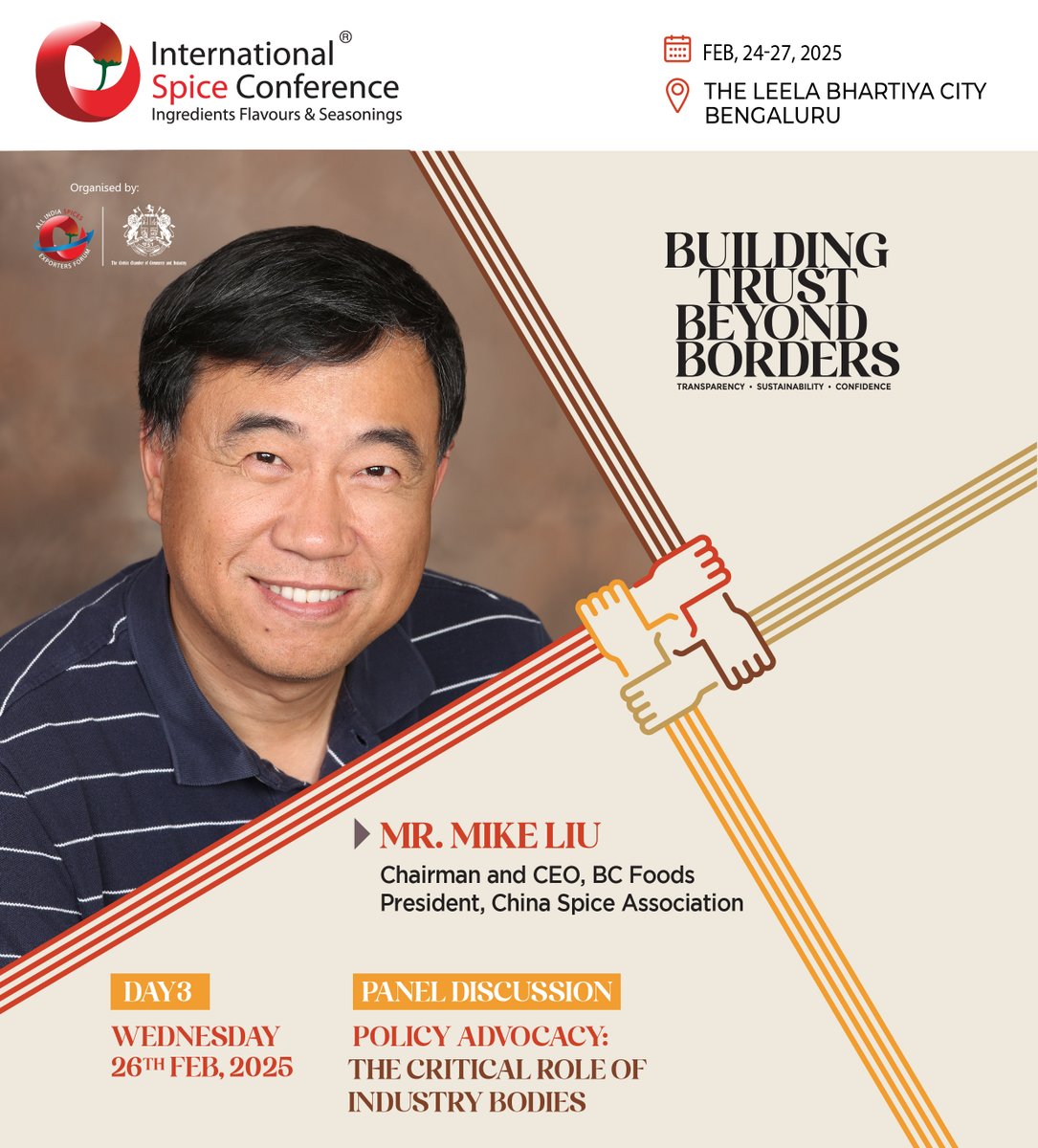 iscaisef's tweet photo. Meet Mike Liu, President of the China Spice Association. A prominent voice in the global spice industry, Mike will join the panel discussion on "Policy Advocacy: The Critical Role of Industry Bodies" at ISC 2025.

Register now for ISC 2025 at https://t.co/HFOPKDlEAe https://t.co/S4w7ZQCmra