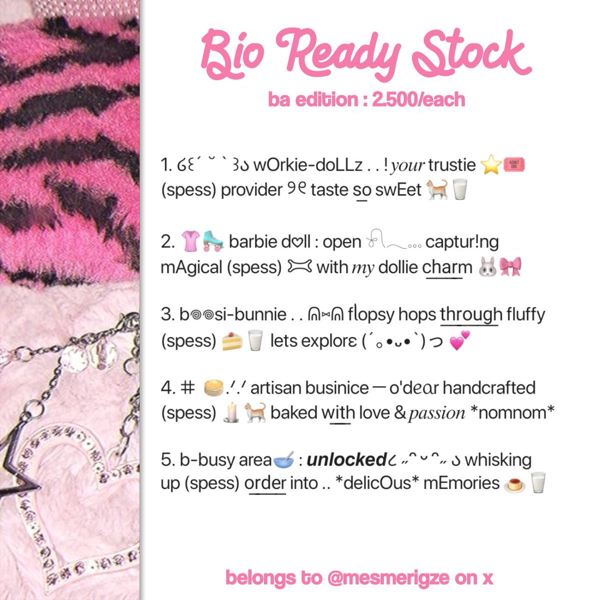 mesmerigze's tweet image. help repost? timaciiiii&amp;lt;3

haLooU pals👋🏻 aku bawa wording bio ba ready stock yang bisa langsung di take sekarang by tele, free revisi minor (spess &amp;amp; simbol) iaaa- yuk jajan! ⭐👛

#zonaba #zonauang
