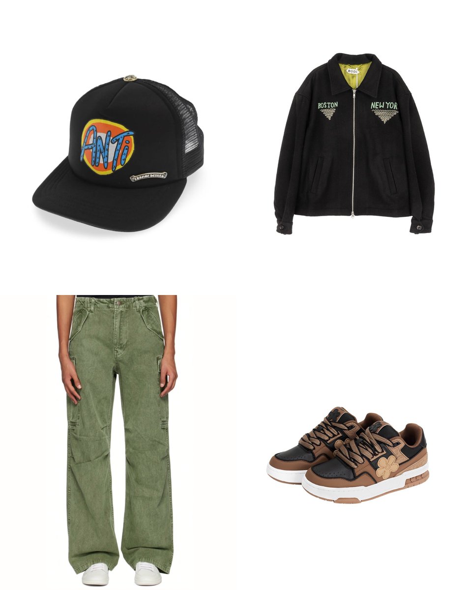 ②
Chrome Hearts 
🧢 Matty Boy Anti Trucker Hat

BODE
Embroidered Lighthouse Jacket
$1,650

R13
Wide-Leg Cargo Pants
$313

We flower 
Flower Sneakers 
$66