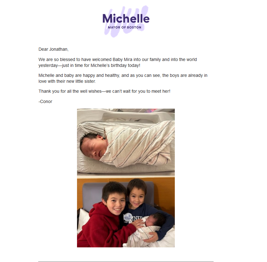 Congrats to <a href="/MayorWu/">Mayor Michelle Wu 吳弭</a> and Conor! #bospoli