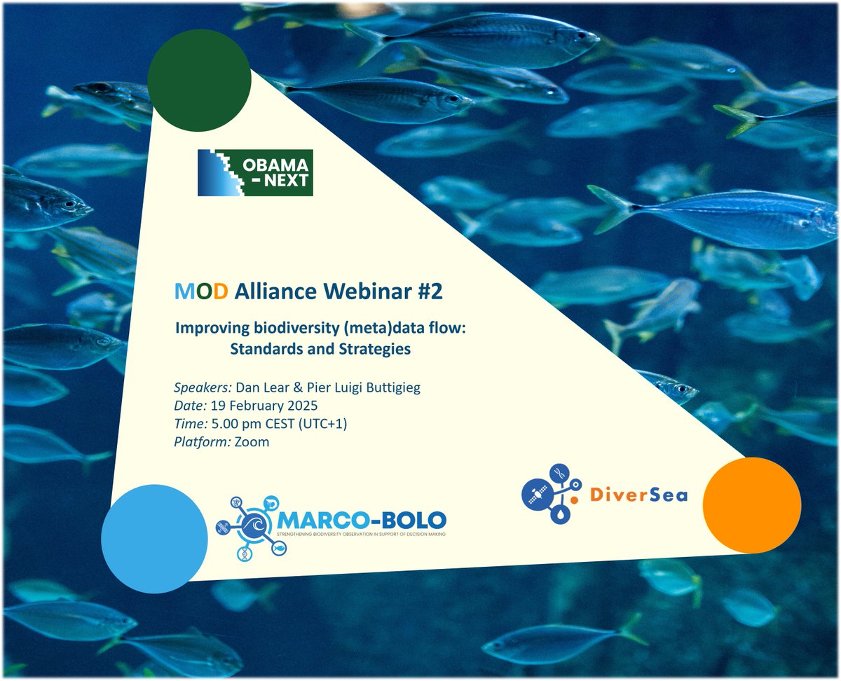 MARCO-BOLO (@marcobolo_eu) on Twitter photo Save the Date: MOD Alliance Webinar#2! 
Host:<a href="/MARCOBOLO_EU/">MARCO-BOLO</a> 
When? 🟠19 Feb 2025 at 5:00 PM CET 
Who?🟢<a href="/DanLear/">Dan Lear</a> (MBA) & <a href="/plbuttigieg/">Pier Luigi Buttigieg</a> (AWI) 
What?🔵Improving Biodiversity (Meta)Data Flow: Standards and Strategies 
👉 marcobolo-project.eu/moda-webinar2-…
#Biodiversity #DataStandards #Webinar Save the Date: MOD Alliance Webinar#2! 
Host:<a href="/MARCOBOLO_EU/">MARCO-BOLO</a> 
When? 🟠19 Feb 2025 at 5:00 PM CET 
Who?🟢<a href="/DanLear/">Dan Lear</a> (MBA) & <a href="/plbuttigieg/">Pier Luigi Buttigieg</a> (AWI) 
What?🔵Improving Biodiversity (Meta)Data Flow: Standards and Strategies 
👉 marcobolo-project.eu/moda-webinar2-…
#Biodiversity #DataStandards #Webinar