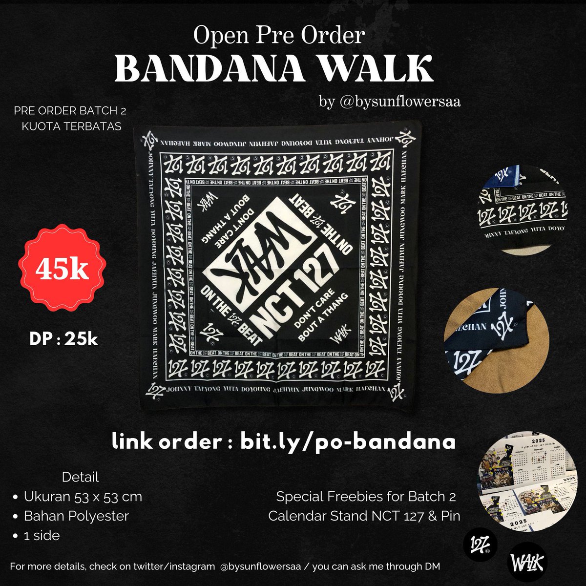 bysunflowersaa's tweet photo. [Help rt and like🩷]

Open Pre Order Bandana Walk fanmade @bysunflowersaa Batch 2

💰45k | Dp 25k
Kuota terbatas 

Pembuatan 5-10 hari
Inc Adm Shopee + Packing
Bisa dibawa ke The Momentum in Jakarta

📍Bogor Indonesia
🌍worldwide (dm)

🔗 https://t.co/2zEqX1A28S

#NCT127 https://t.co/epObJn6gIg