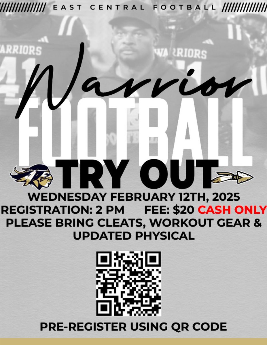 🚨East Central Football Tryout 
🗓️Wednesday February 12th , 2025
🕦 2PM Registration 
💰$20 Cash Only
📍Warrior Hall
💻 forms.gle/qjjB7BuETDWS4p…