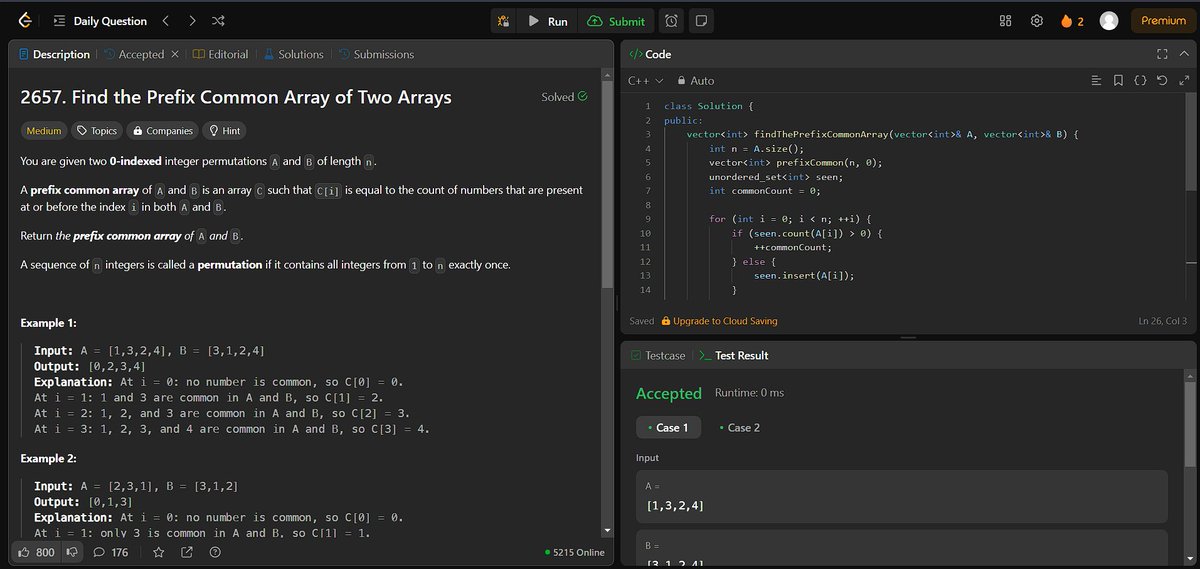 ✨ Day 24 of #100DaysOfCode ✨
Solved a new problem: Find the Prefix Common Array
🛠 Pattern Used: Two-pointer with hash set
💡Logic:
Traverse arrays A &amp; B together.
Use a set to track seen elements and count common ones incrementally.
Build prefix common counts in O(n)