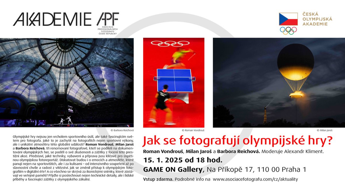 Jak se fotografují olympijské hry? 🤩
Přijďte na besedu do Game on Gallery v Praze.
Kromě mě se potkáte i skvělými fotografy <a href="/_milan_jaros/">Milan Jaroš</a> a Roman Vondrouš.
Věřím, že to bude milé setkání a zajímavé povídání.
Těším se 😍
Díky <a href="/asociace/">APF Asociace Profesionálních Fotografů ČR</a> a <a href="/olympijskytym/">Český olympijský tým</a> organizaci celé akce!
