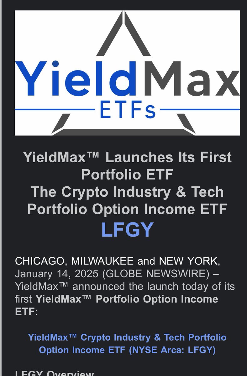 M3Invest's tweet image. 🚨 New Fund Alert 🚨 

🎉Today is launch day for $LFGY from our friends at @YieldMaxETFs 

💰With this launch it’s clear investors’ desire for more #WeeklyIncome ETFs has been heard

🧙‍♂️Looking forward to see how it plays out over the next 4 years. 

$BTC $MSTR $MSTY $COIN $CONY
