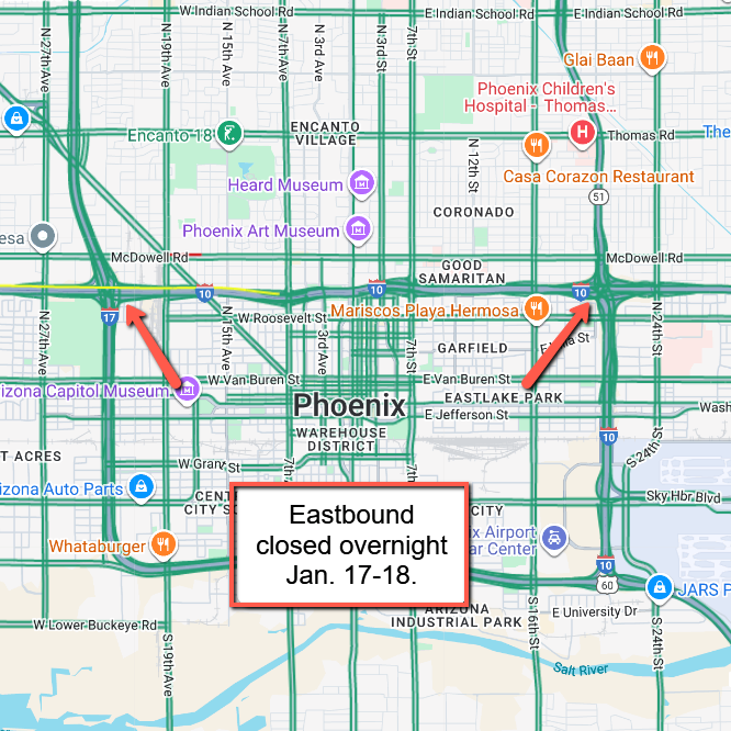 ArizonaDOT's tweet photo. I-10 in Phoenix will be closed eastbound from 9 p.m. Friday, Jan. 17, to 9 a.m. Saturday, Jan. 18, and westbound from 9 p.m. Saturday, Jan. 18, to 9 a.m. Sunday, Jan. 19, for regularly scheduled tunnel maintenance: https://t.co/epgrUcblea https://t.co/LUxNECRcIi
