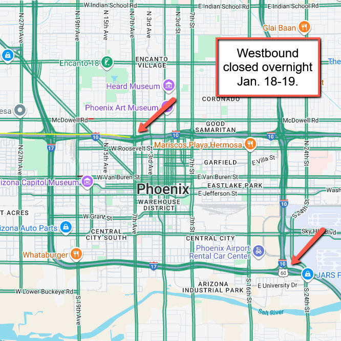 ArizonaDOT's tweet photo. I-10 in Phoenix will be closed eastbound from 9 p.m. Friday, Jan. 17, to 9 a.m. Saturday, Jan. 18, and westbound from 9 p.m. Saturday, Jan. 18, to 9 a.m. Sunday, Jan. 19, for regularly scheduled tunnel maintenance: https://t.co/epgrUcblea https://t.co/LUxNECRcIi