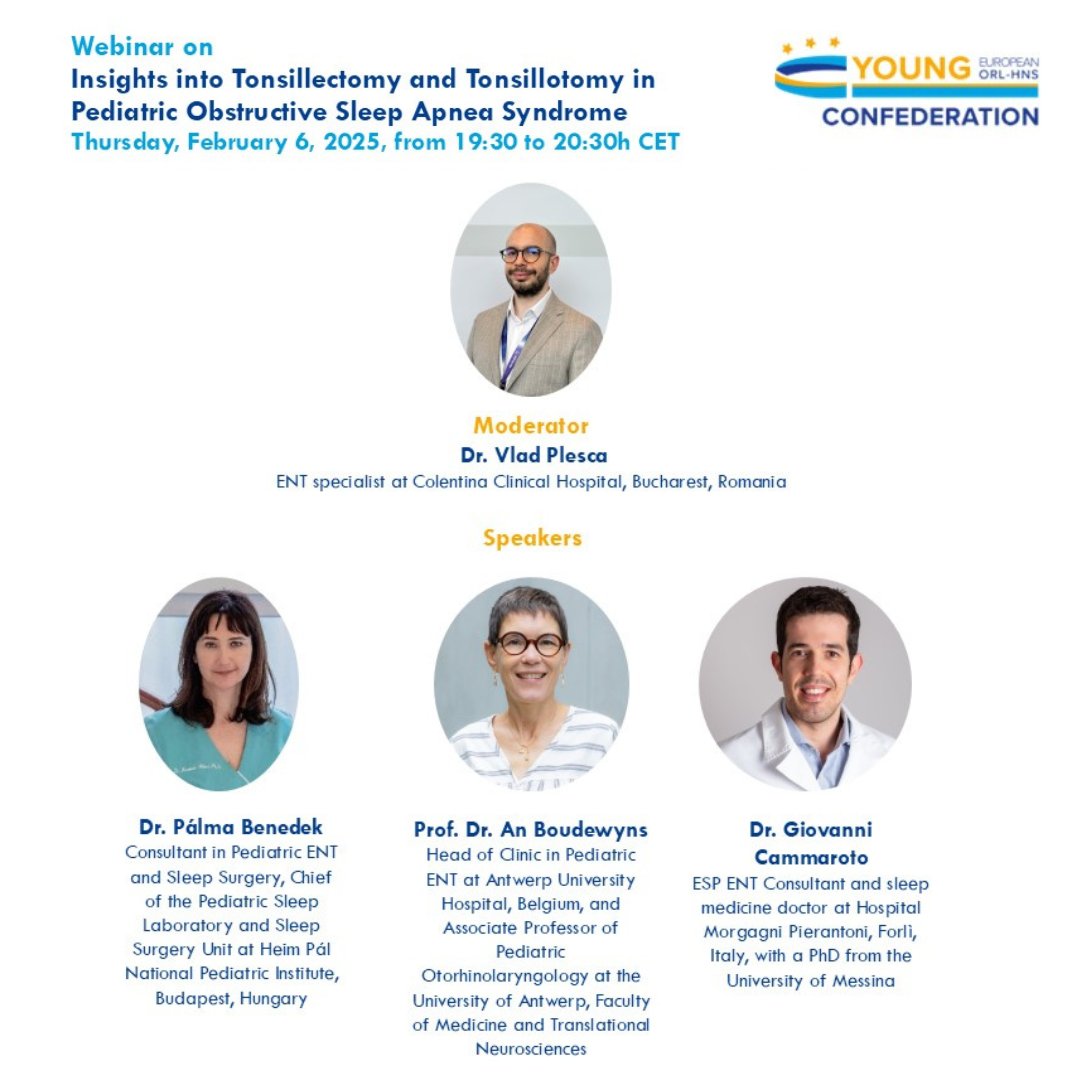 Joint the webinar exploring the evolving role of tonsillectomy and tonsillotomy in the management of pediatric obstructive sleep apnea syndrome (OSAS). This webinar addresses ENT specialists, pediatricians and sleep medicine practitioners.

Registration: us06web.zoom.us/webinar/regist…