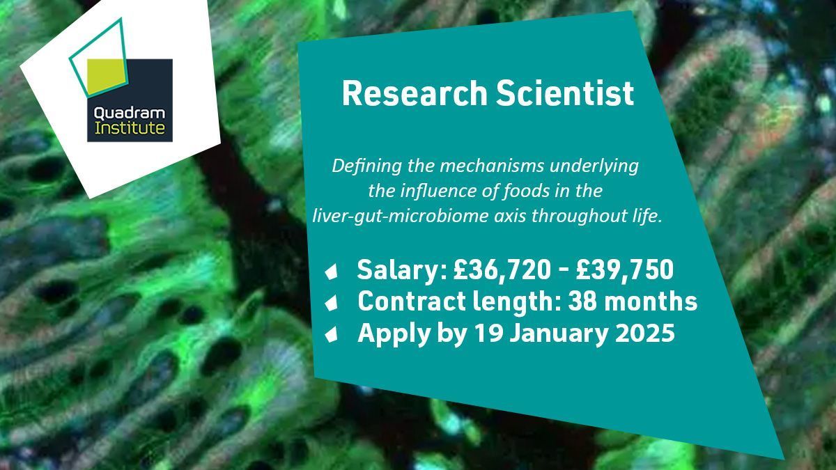 Quadram Institute (@thequadram) on Twitter photo ⏰ Closing soon! We’re looking for a Research Scientist to join <a href="/BerazaLab/">Beraza Lab</a> to work on defining the mechanisms underlying the influence of foods in the liver-gut-microbiome axis throughout life.
💷 £36,720 to £39,750
🗓️ Apply by 19 January 2025
➡️ buff.ly/408bQ0r ⏰ Closing soon! We’re looking for a Research Scientist to join <a href="/BerazaLab/">Beraza Lab</a> to work on defining the mechanisms underlying the influence of foods in the liver-gut-microbiome axis throughout life.
💷 £36,720 to £39,750
🗓️ Apply by 19 January 2025
➡️ buff.ly/408bQ0r