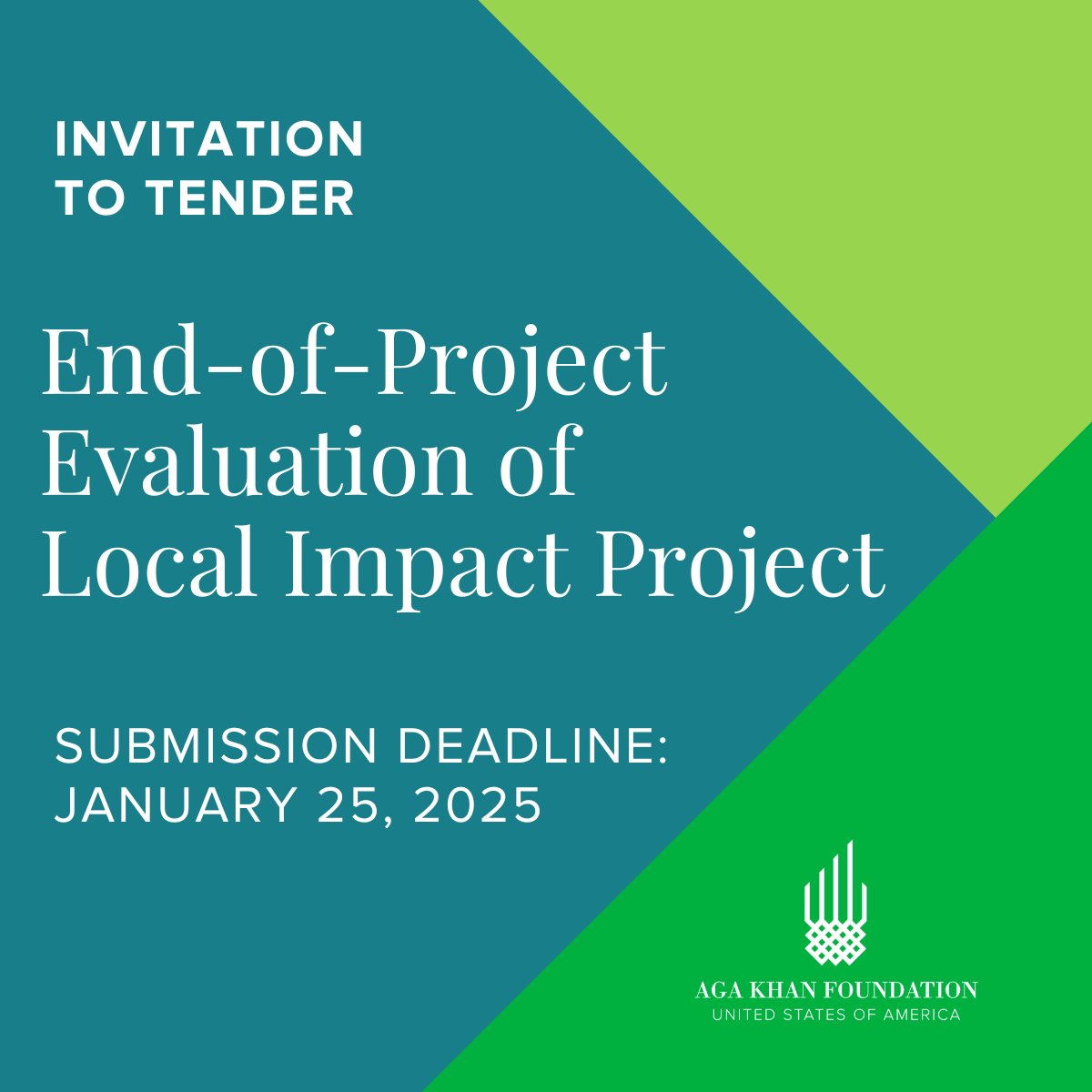 Invitation to Tender 
End-of-Project Evaluation of Local Impact Project
ow.ly/s8jJ50UFwvq

AKF is seeking services of a credible evaluation firm to conduct the end of project evaluation of the Local Impact project currently being implemented in Tajikistan, and Kyrgyzstan.