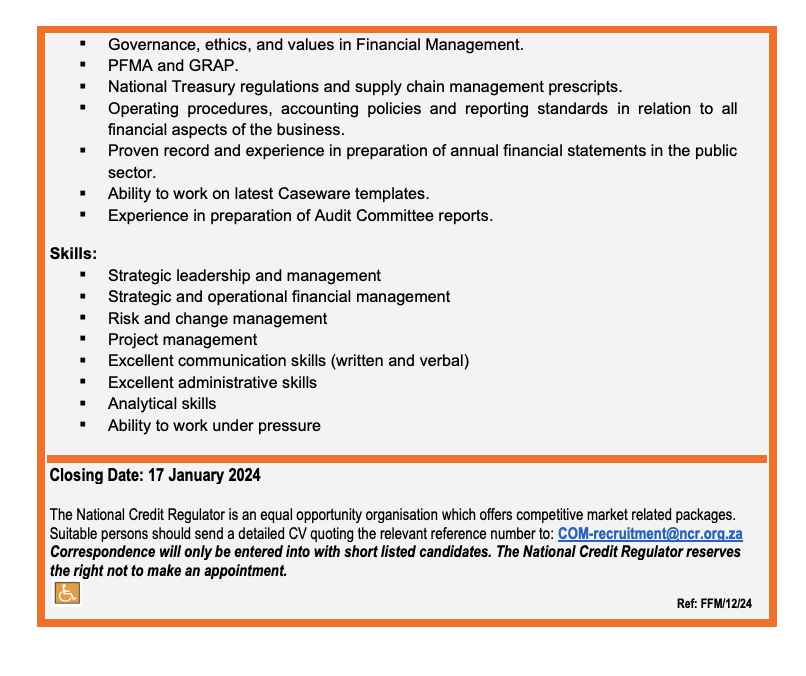 📌The National Credit Regulator (NCR)

- Finance Manager
ncr.org.za/documents/care…

CA (SA) will be an advantage. With a minimum of 7 years working experience post articles

Closing Date: 17 January 2024