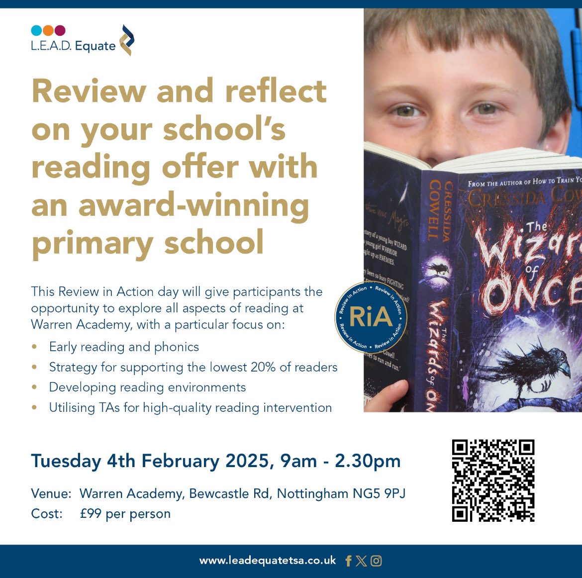We are very excited to be hosting a Reading In Action day on Tues 4th Feb where we will be looking at reading strategy and reading for pleasure! Please get in touch or scan the QR code for more information. We look forward to seeing lots of you there! <a href="/LEADAcadTrust/">L.E.A.D. Academy Trust</a> <a href="/LEADTSHub/">L.E.A.D. Professional Development</a>