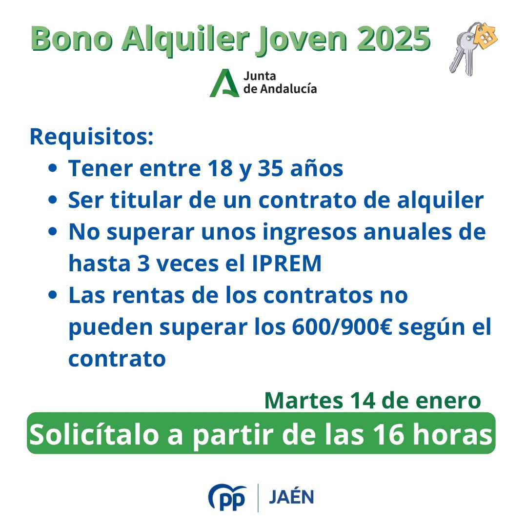 🟢A partir de las 16:00 horas se abre el plazo para solicitar la ayuda del Bono Alquiler Joven 2025.

Animamos a los jóvenes jiennenses a solicitarla👇🏼

📲juntadeandalucia.es/organismos/fom…