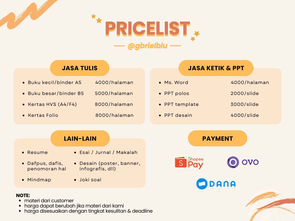 gbrielblu's tweet photo. 💫OPEN JOKI TUGAS 💫

• Jasa ketik, tulis, PPT
• Essai/makalah
• Verbatim
• Dafpus/dafis
• SPSS
• Desain (poster, infografis, dll)
• Joki soal

tugas lainnya bisa langsung wa yaa🫶🏻 https://t.co/CNZtKZJcdF

#zonauang #zonajajan #jokitugas https://t.co/ZYZutNaO0F