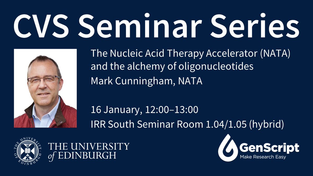 Learn more about <a href="/NATA_MRC_UK/">NATA - Nucleic Acid Therapy Accelerator</a> and developments in nucleic acid therapies with NATA Head of Operations Mark Cunningham at this week’s CVS Seminar!
🗓️ 16 January, 12:00–13:00
IRR South Seminar Room 1.04/1.05 <a href="/EdinburghBQ/">Edinburgh BioQuarter</a>
Join on Teams ➡️ edin.ac/4gMvg0B