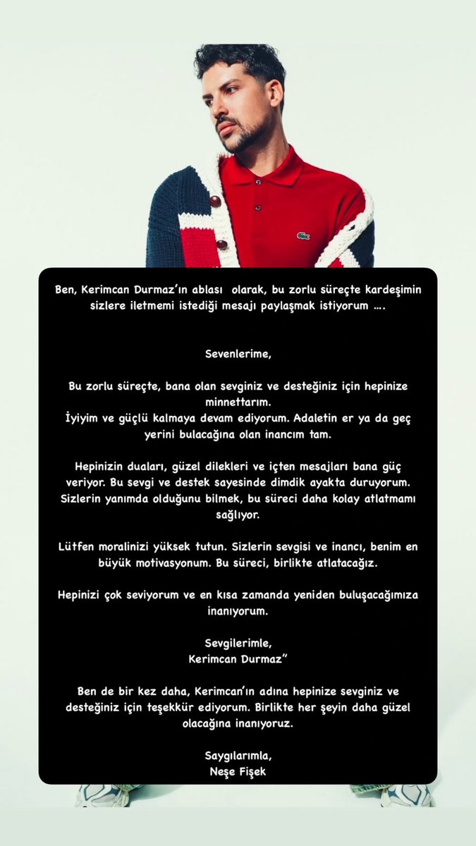 nesefisek_'s tweet photo. Kerimcan Durmaz’dan sevenlerine mesaj. Yanımızda olduğunuz için teşekkür ederiz.
#kerimcandurmazsuçsuz https://t.co/OQWokBt4t8