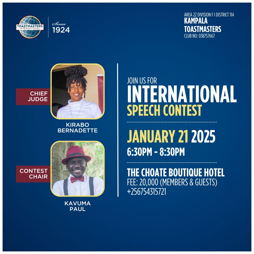 Are you ready to witness greatness in action? 🎤✨Join the Kampala Toastmasters International Speech Contest! Open to all, it’s your chance to experience inspiring stories, connect with a vibrant community, and explore the benefits of Toastmasters. Share this &amp; bring a friend! 🌟