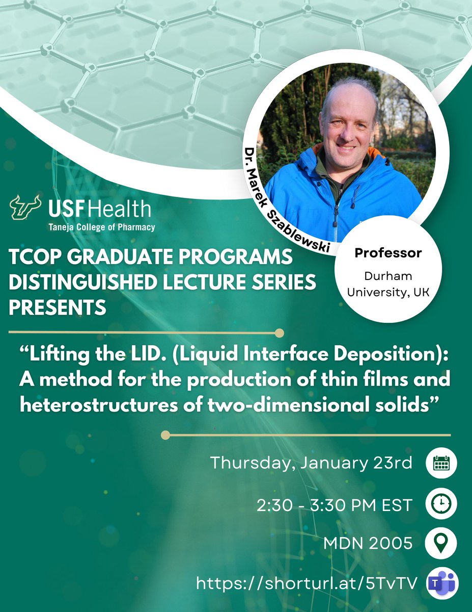 GlobalNanobio's tweet photo. Come join us Thursday, Jan. 23, at 2:30 pm EST as our guest speaker Dr. Marek Szablewski from Durham University presents at the TCOP Graduate Programs Spring 25’ seminar series.  Join us in MDN 2005 or click the team's link to join online: https://t.co/vKrAFtSMT4. https://t.co/PEnuIvwvrj