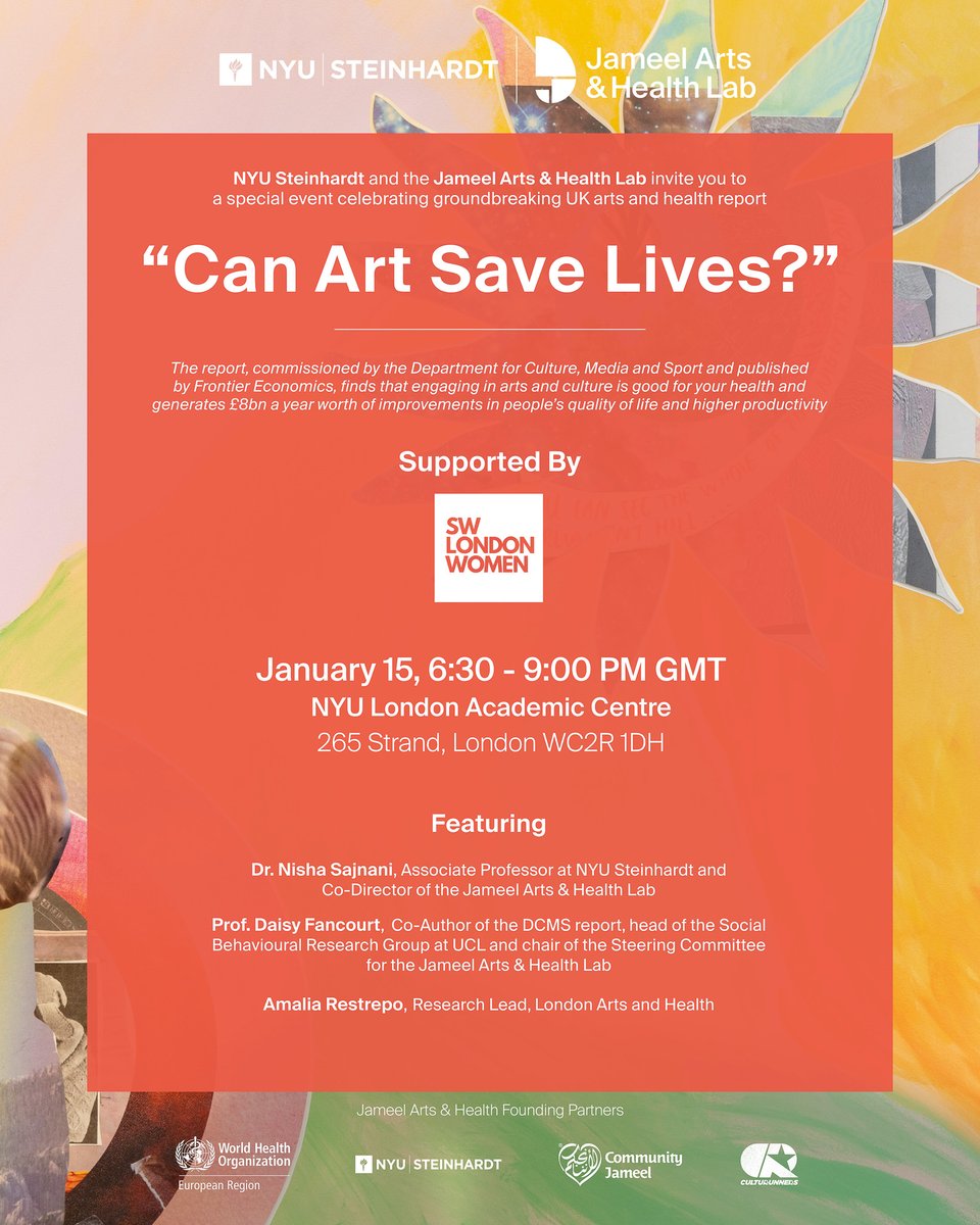 Jameel Arts & Health Lab (@j_artshealthlab) on Twitter photo 🎨✨ The UK #ArtsAndHealth Economic Report is here! Engaging in arts & culture boosts health and adds £8bn/year in quality of life & productivity.
Join <a href="/nyusteinhardt/">NYU Steinhardt</a> & @JameelArtsLab in celebrating this groundbreaking study!
Join us online on Jan 31: bit.ly/4gTc0hU 🎨✨ The UK #ArtsAndHealth Economic Report is here! Engaging in arts & culture boosts health and adds £8bn/year in quality of life & productivity.
Join <a href="/nyusteinhardt/">NYU Steinhardt</a> & @JameelArtsLab in celebrating this groundbreaking study!
Join us online on Jan 31: bit.ly/4gTc0hU