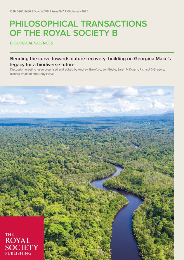 An important new theme issue of #PhilTransB is out now: ‘Bending the curve towards nature recovery: building on Georgina Mace's legacy for a biodiverse future’. Read here: ow.ly/QCmj50UE5Kg #biodiversity
