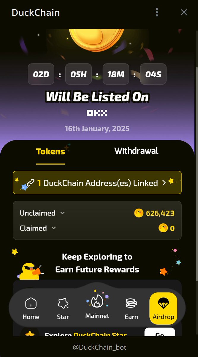 🎁 Surprise Rewards Check: uTON Holders Just Got Richer!

Massive milestone:
- 1.2M uTON staked on <a href="/Duck_Chain/">DuckChain</a>
- Largest TON ecosystem AVS integration 🏆

Great news: If you staked $uTON on <a href="/Duck_Chain/">DuckChain</a>, check your wallet!
- Your staked uTON is now in your DuckChain address
- Keep