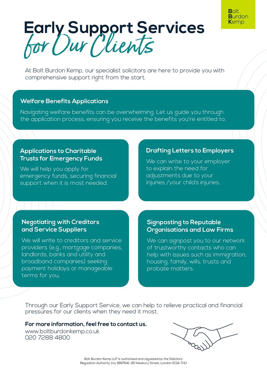Ipek Tugcu (@ipek_tugcu) on Twitter photo There are so many things to consider after a catastrophic injury. Let us help you take the stress off you so you can focus on your recovery.
We are so pleased to be able to offer Early Support Services for all our clients at <a href="/BoltBurdonKemp/">Bolt Burdon Kemp</a>, free of charge. There are so many things to consider after a catastrophic injury. Let us help you take the stress off you so you can focus on your recovery.
We are so pleased to be able to offer Early Support Services for all our clients at <a href="/BoltBurdonKemp/">Bolt Burdon Kemp</a>, free of charge.