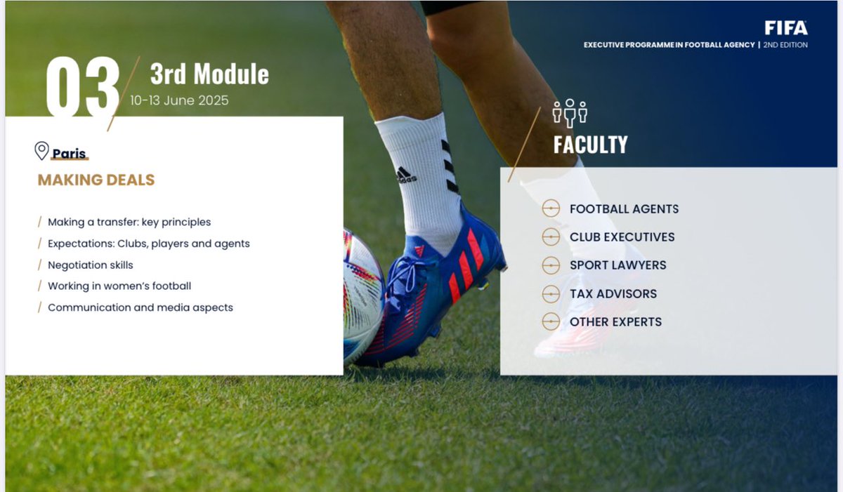 The 2nd edition of the FIFA Executive Programme in Football Agency is now live!

📋Dive into the rules and practices in football agency.

🌍 Three intensive modules held at our corporate offices in Miami 🇺🇸, Paris 🇫🇷, and Zurich🇨🇭 . 

More info 👇

inside.fifa.com/legal/football…