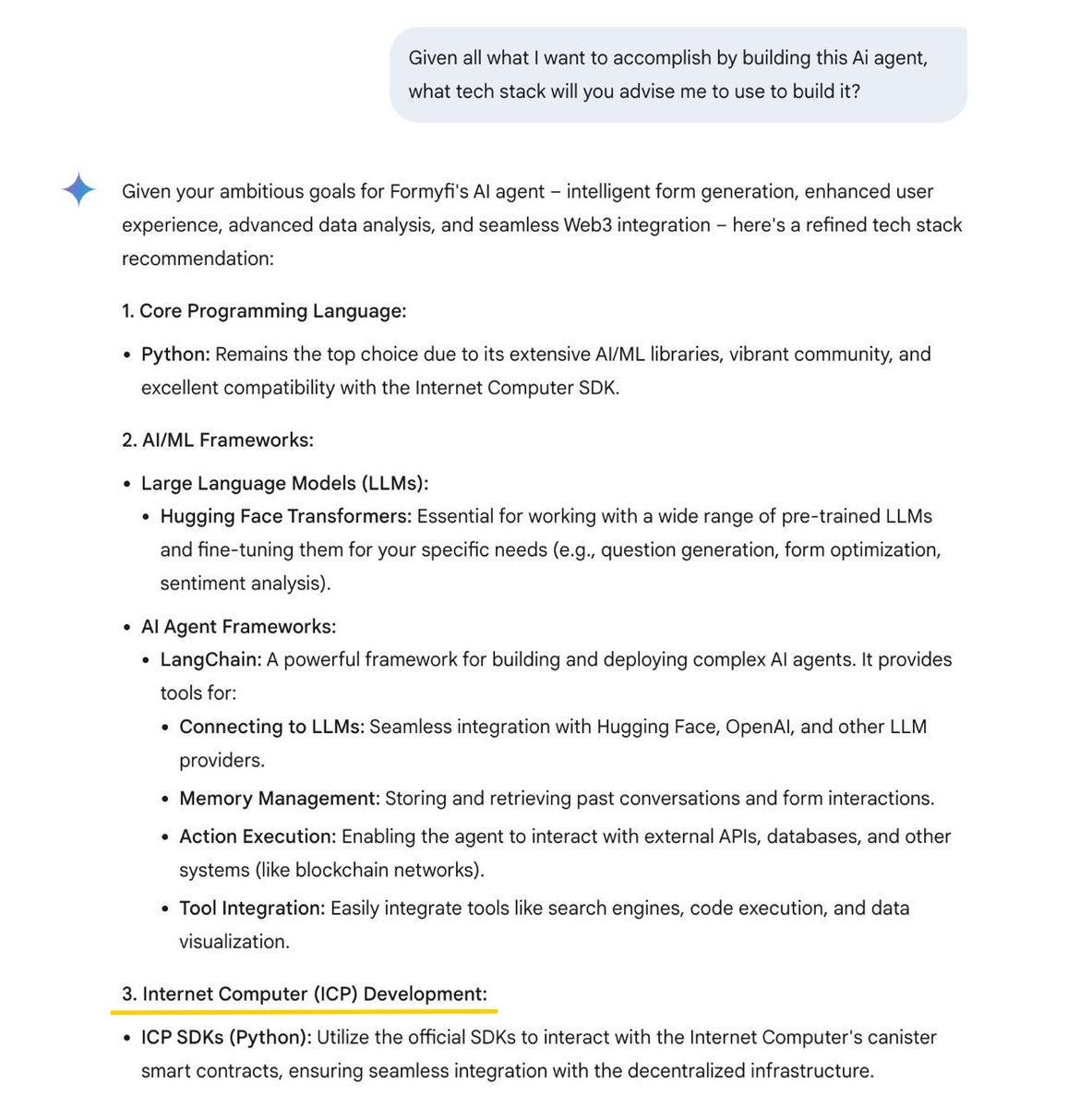 It turns out Gemini follows the latest trends and knows how #ICP’s infrastructure is cool for building AI-powered tools in #Web3.

What if we develop an AI agent to Formyfi? 🤔 Decentralized forms powered by AI could be a game-changer.

How do you see it? Let’s brainstorm! 💬 #AI