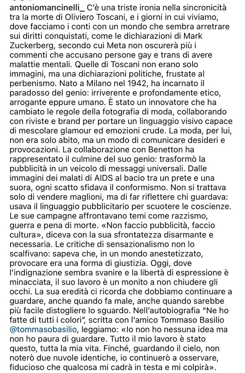 #OlivieroToscani 
Condivido ogni parola e piango la morte di un grande amico