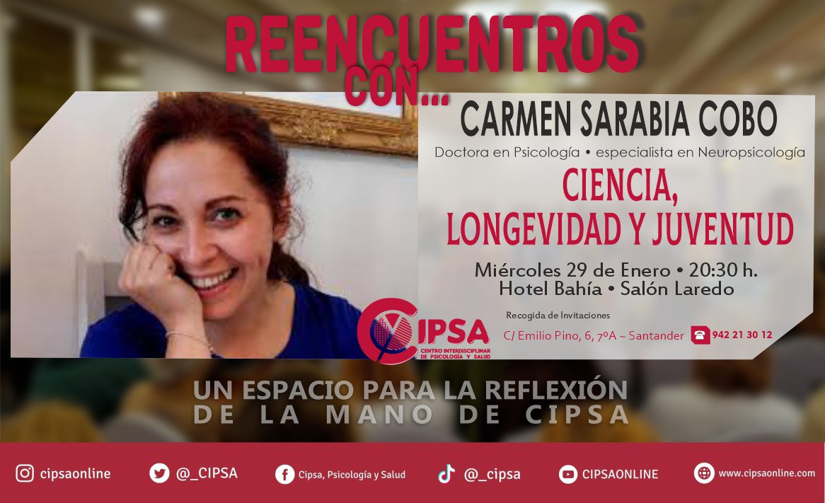 _CIPSA's tweet photo. ENCUENTRO CON… Carmen Sarabia Cobo que, bajo el título “Ciencia, longevidad y juventud”, nos ayudará a resolver nuestras dudas sobre los últimos descubrimientos científicos para prolongar la vida de forma sana.

#evento #divulgación #ciencia #longevidad #juventud #cipsa https://t.co/xxqpWHpPTG