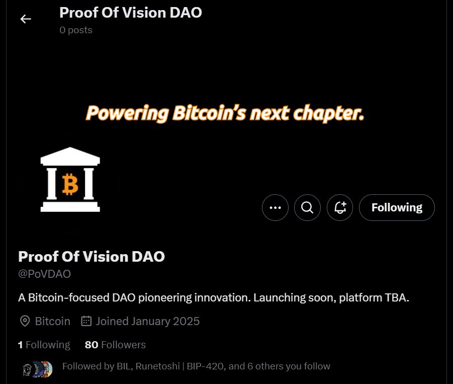 𝗘𝗔𝗥𝗟𝗬 𝗣𝗥𝗢𝗝𝗘𝗖𝗧 𝗙𝗜𝗡𝗗: @PoVDAO

➯ Found at 80 followers
➯ Bitcoin DAO 
➯ Focused on supporting tier 1 Bitcoin Teams and upcoming creators.
➯ Give them a follow for more info.
➯ Drop proof of early participation in the comments below👇
➯ Like and RT this tweet