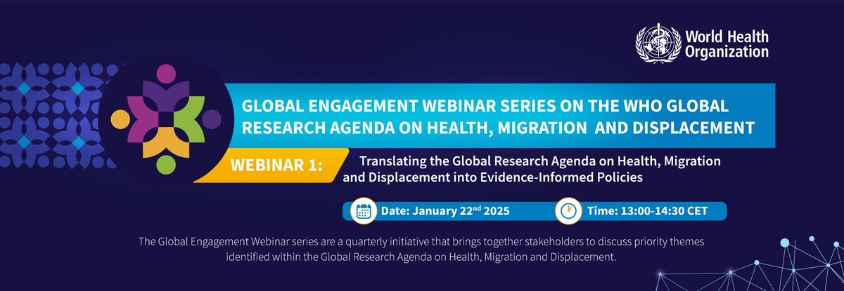 severonis's tweet image. I am excited to announce the first of our Global Engagement Webinar series - translating the Global Research Agenda on Health, Migration and Displacement into effective policies, which will take place on 22 January, 2025!

🔗 Register now: who.zoom.us/webinar/regist…
#HealthForAll