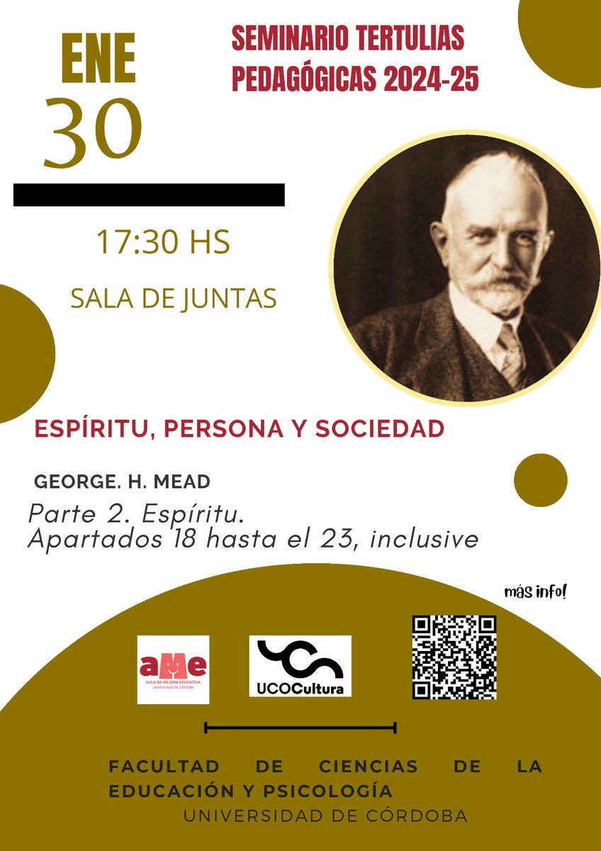 📢Participa en el Seminario Tertulias Pedagógicas

📖 Tema: Espíritu, Persona y Sociedad (George H. Mead). Abordaremos la Parte 2: Espíritu, apartados 18 al 23, inclusive. 

📅 Jueves, 30 de enero
📍 Sala de Juntas
🕠 17:30 h