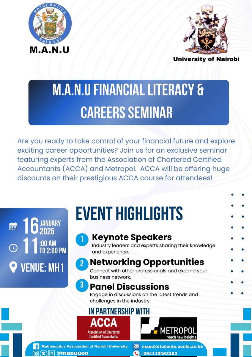 manuuon's tweet photo. 🎓 Financial Literacy and Careers Seminar 🌟
Join us as we explore key insights into managing finances and navigating successful career paths!

We’re excited to have Metropol CRB (@MetropolCRB) and the Association of Chartered Certified Accountants (ACCA) join us. https://t.co/oWgwKDmCZp