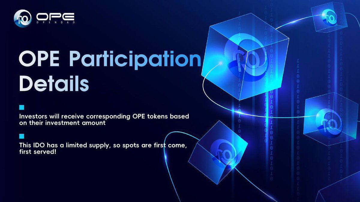 DenisehardJosef's tweet photo. 📈 OPE Participation Details
• Investors will receive corresponding OPE tokens based on their investment amount.
• This IDO has a limited supply, so spots are first come, first served!
#OPE #OPEToken #CryptoOpportunity https://t.co/kBqrZwhKqZ