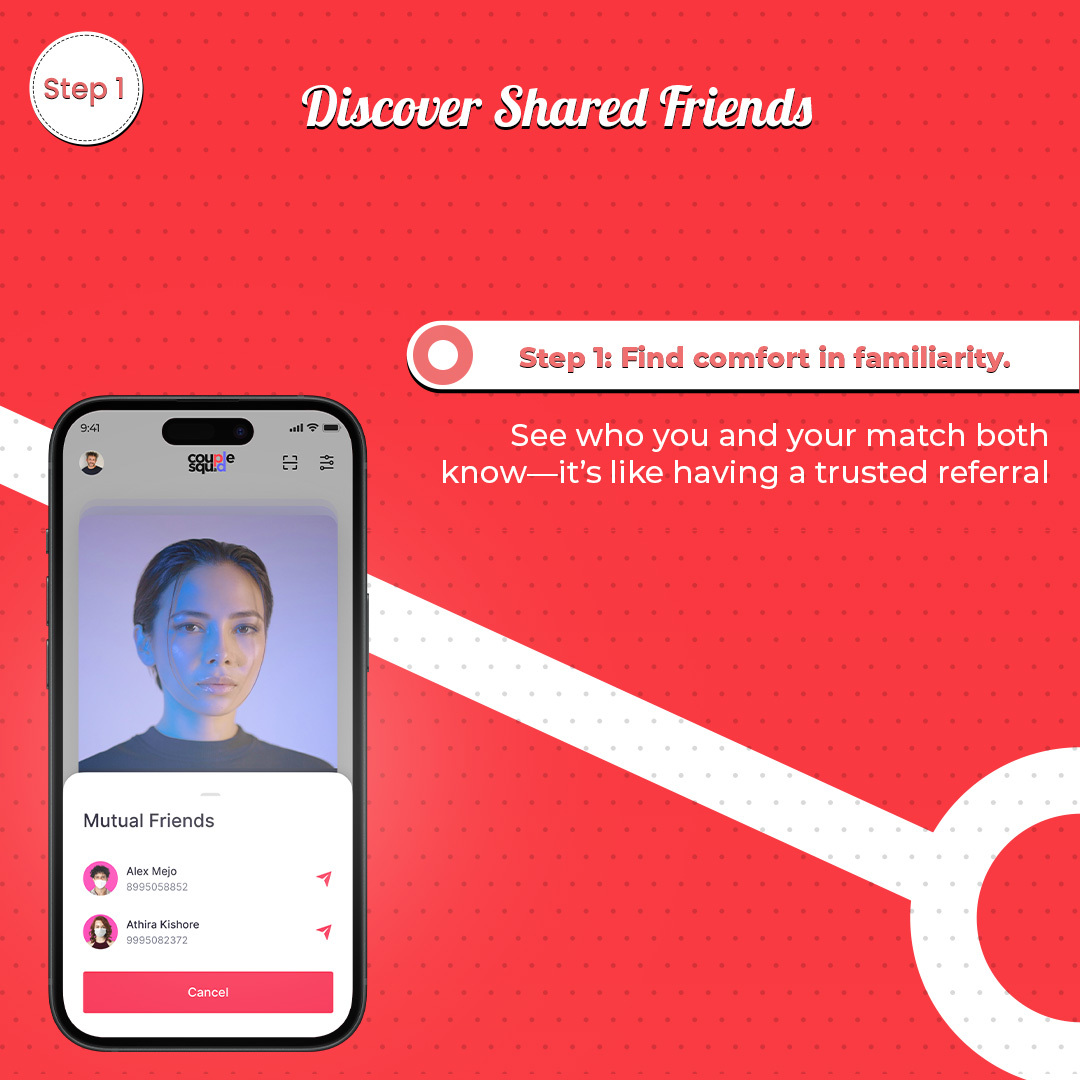 wecouplesquad's tweet image. App Feature: Mutual Connections 🤝

With Couple Squad’s Mutual Connections, you can,

☺️ You can easily request an introduction from someone you trust.

#couplesquadapp #mutualconnections #appfeature #apps #ios #android #socialevents #friends #friendscircle #kerala #bangalore