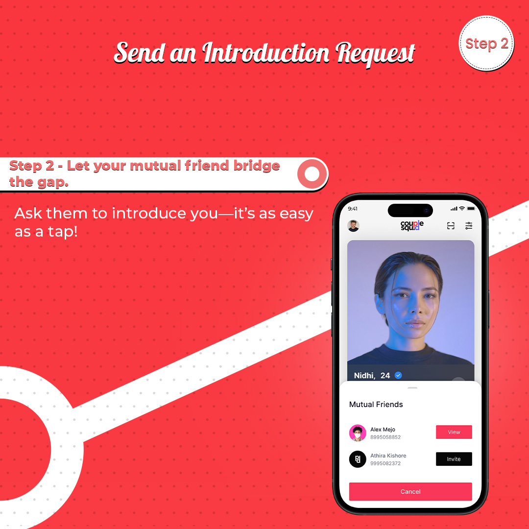 wecouplesquad's tweet image. App Feature: Mutual Connections 🤝

With Couple Squad’s Mutual Connections, you can,

☺️ You can easily request an introduction from someone you trust.

#couplesquadapp #mutualconnections #appfeature #apps #ios #android #socialevents #friends #friendscircle #kerala #bangalore