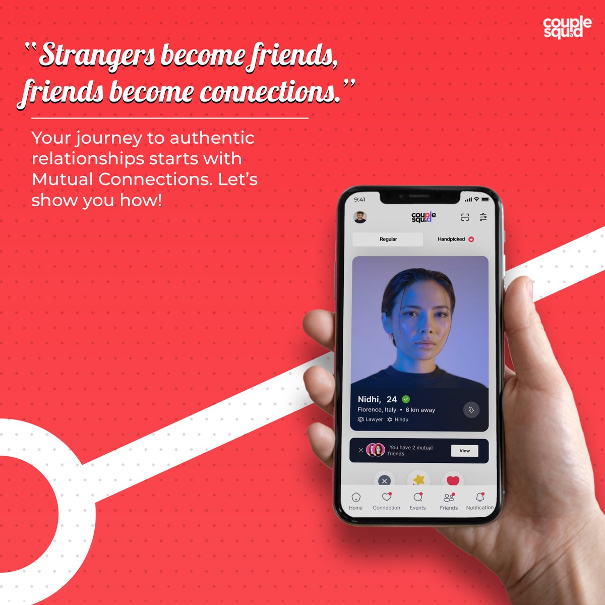 wecouplesquad's tweet image. App Feature: Mutual Connections 🤝

With Couple Squad’s Mutual Connections, you can,

☺️ You can easily request an introduction from someone you trust.

#couplesquadapp #mutualconnections #appfeature #apps #ios #android #socialevents #friends #friendscircle #kerala #bangalore