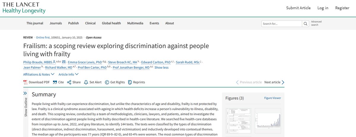 Research in Emergency Care, Avon Collaborative Hub (@reachbristol) on Twitter photo 🔎Recently published scoping review in <a href="/LancetLongevity/">The Lancet Healthy Longevity</a> looking at the extent of discrimination against people living with frailty described in health-care literature.
#frailty #healthyageing
<a href="/CHCR_UWE/">UWE Health Research</a> <a href="/capcbristol/">CAPC, Bristol</a> <a href="/CLARITYresearch/">CLARITY</a>
Full paper link: thelancet.com/journals/lanhl… 🔎Recently published scoping review in <a href="/LancetLongevity/">The Lancet Healthy Longevity</a> looking at the extent of discrimination against people living with frailty described in health-care literature.
#frailty #healthyageing
<a href="/CHCR_UWE/">UWE Health Research</a> <a href="/capcbristol/">CAPC, Bristol</a> <a href="/CLARITYresearch/">CLARITY</a>
Full paper link: thelancet.com/journals/lanhl…