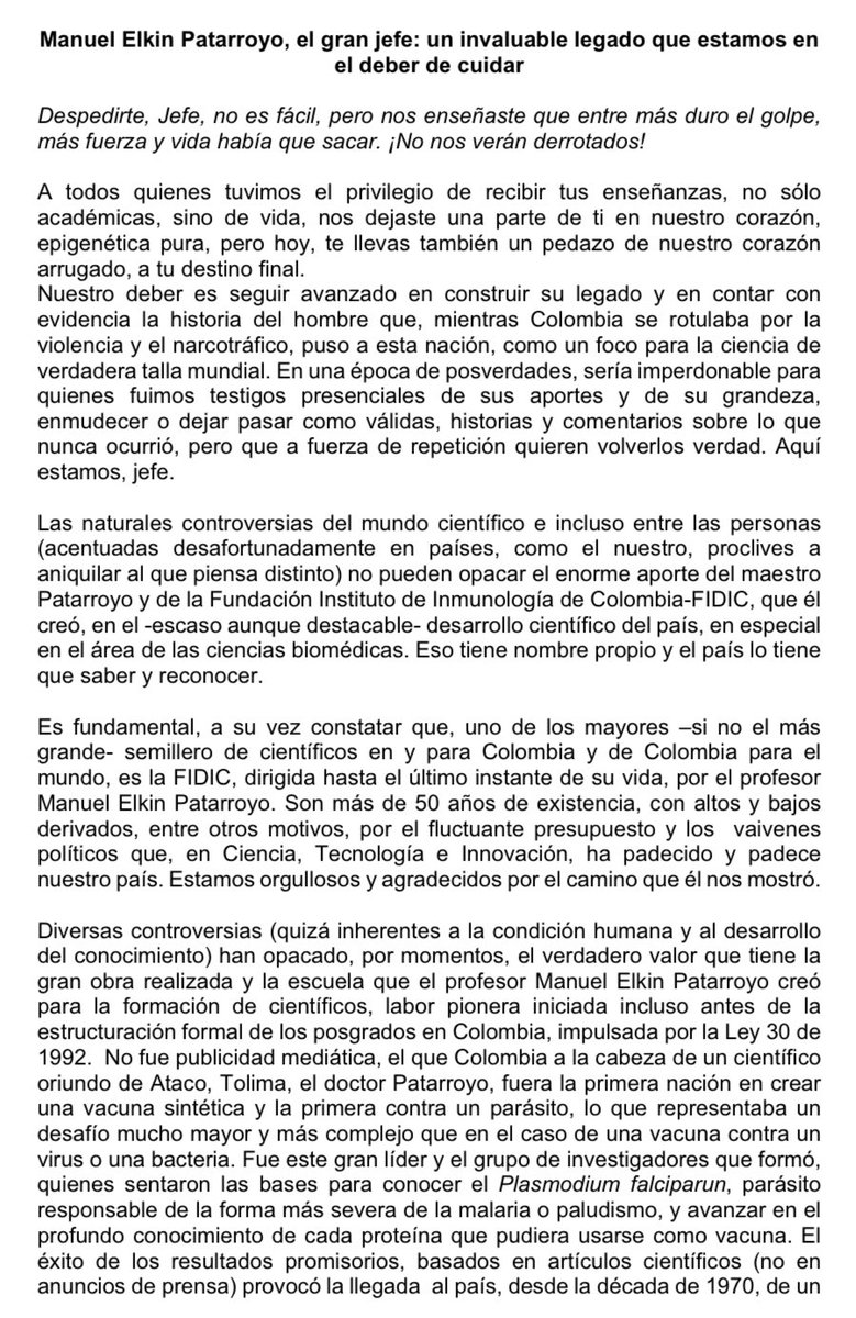 gabydel's tweet photo. Solo gratitud y reconocimiento, al profesor Manuel Elkin Patarroyo. 

¡La ciencia en Colombia, merece un lugar digno!

@ANM_Colombia 
@ELTIEMPO 
@CienciasUNALBog 
@UNALOficial 

https://t.co/qU1nrHxOJL https://t.co/Me20TmO2LS