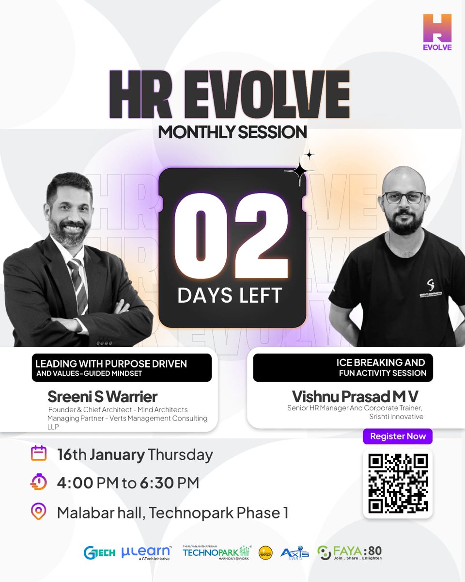 ⏳ Just 2 days to go!
Join us for the HR Evolve Monthly Session: 💡 Purpose-Driven Leadership with Sreeni S Warrier 🎉 Fun Icebreakers with Vishnu Prasad MV

16th Jan, 4-6:30 PM 📍 Malabar Hall, Technopark Phase 1

Register now! 🔗 mulearn.org/r/hr-workshop

#HREvolve  #HRCommunity
