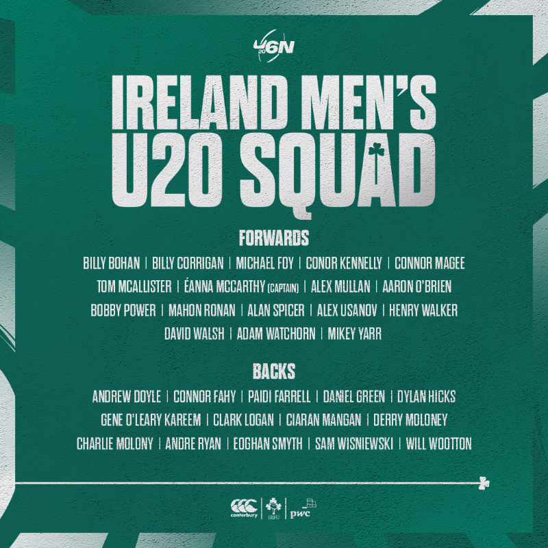 IrishRugby's tweet photo. Head Coach Neil Doak has named his Ireland Men's U20s Squad for the upcoming U20 Six Nations! 🟢

#FutureIsGreen