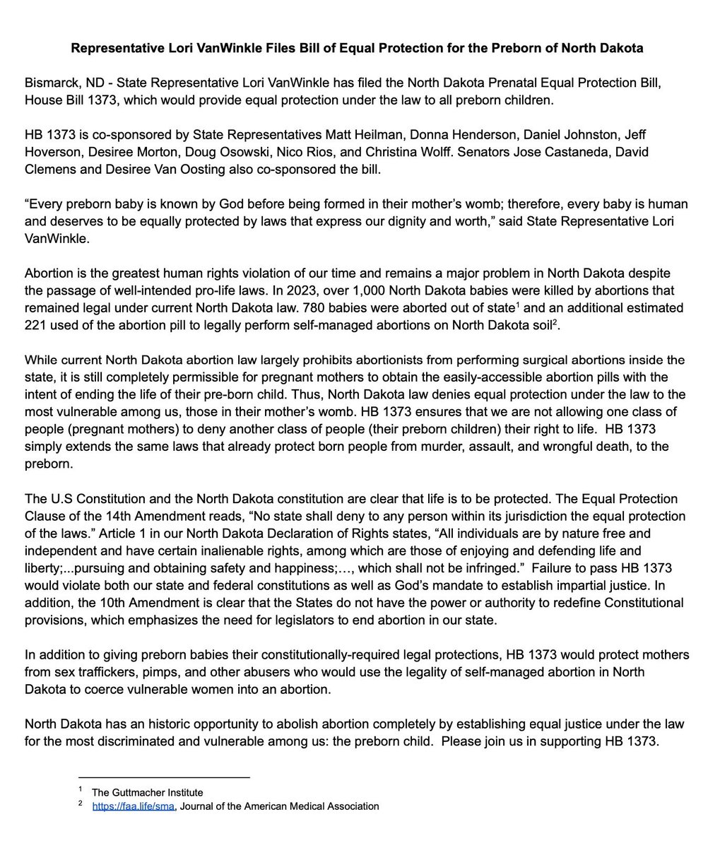 vanwinkle_lori's tweet photo. Today I filed HB 1373 to provide equal protection under the law to every preborn child in North Dakota. Please read my full statement below: https://t.co/4Cmv3jxsfe