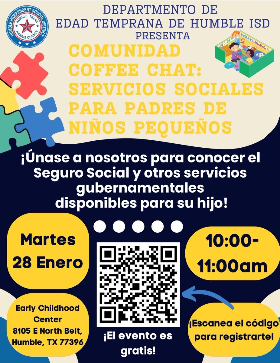 Andrea Barela (@barela_ece) on Twitter photo 📢 Join <a href="/HumbleISD_PREK/">HumbleISD ECE</a> for a Community Coffee Chat: Social Services for Parents of Young Children
🗓 Tuesday, Jan. 28th, 2025
📍Early Childhood Center, 8105 E. North Belt in Humble
🕘 9-10am - English
🕙 10-11am - Spanish 📢 Join <a href="/HumbleISD_PREK/">HumbleISD ECE</a> for a Community Coffee Chat: Social Services for Parents of Young Children
🗓 Tuesday, Jan. 28th, 2025
📍Early Childhood Center, 8105 E. North Belt in Humble
🕘 9-10am - English
🕙 10-11am - Spanish