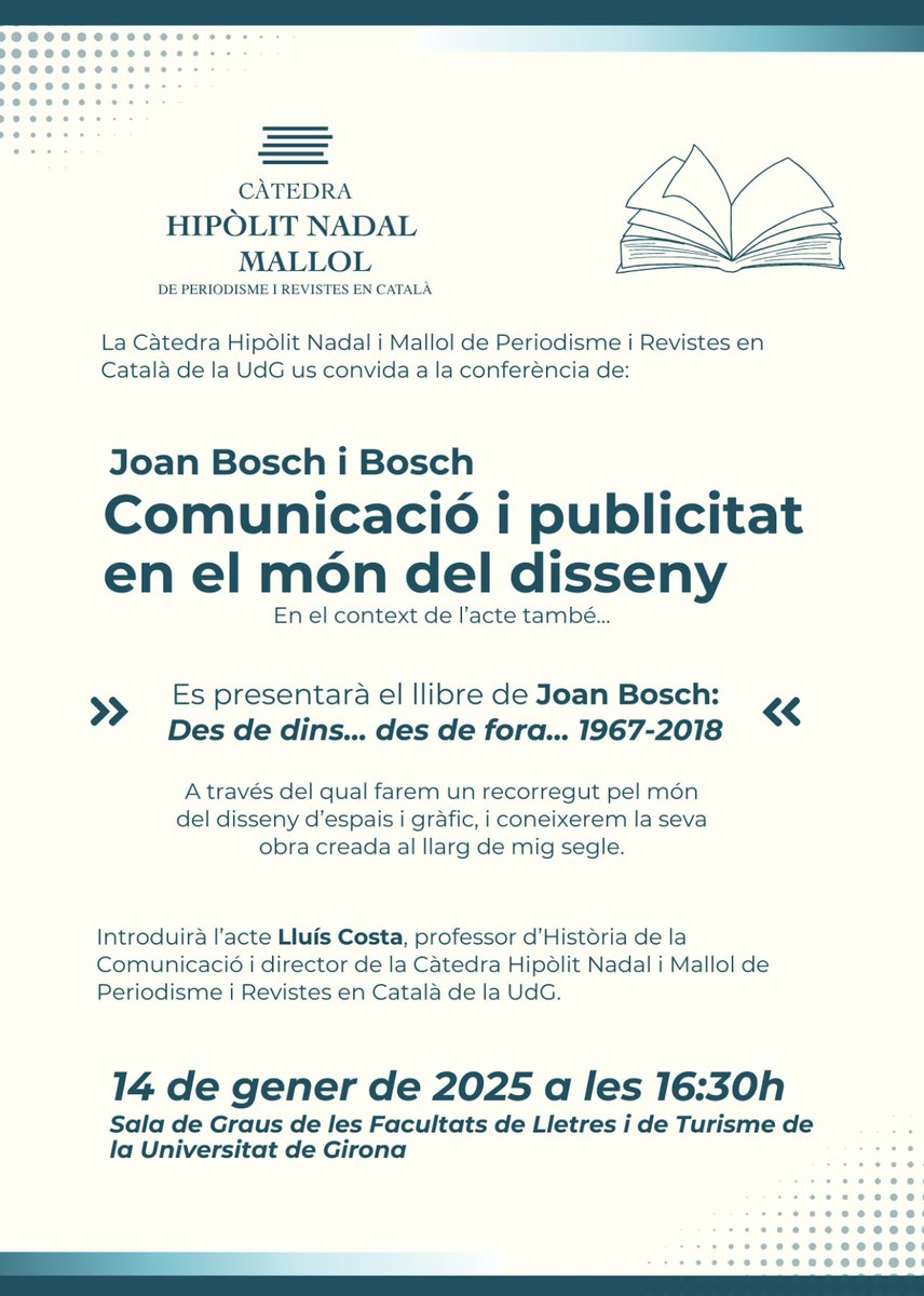 📡No et perdis la conferència de Joan Bosch i Bosch: Comunicació i publicitat
en el món del disseny🖋️
14/01/2025, 16:30h
📍Sala de Graus, Facultats de Lletres i Turisme, UdG
#Disseny #Publicitat