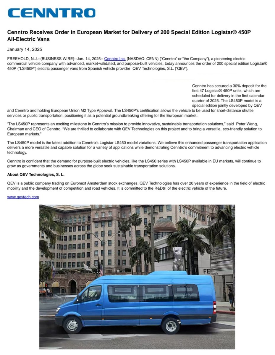 _X_Alex_'s tweet image. Jan 14, 2025

Cenntro Receives Order in European
Market for Delivery of 200 Special
Edition #Logistar 450P - #LS450P
All-Electric Vans

#CENN #CENNTRO - $CENN

Cenntro today announces the order 
of 200 special edition Logistar® 
450P (“LS450P”) electric passenger
vans from…