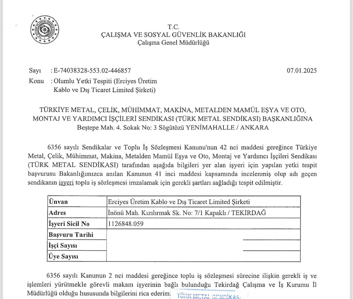 DURMAK YOK ÖRGÜTLENMEYE DEVAM...
Bölgelerimizde devam eden örgütlenme çalışmalarımız metal işçilerinin teveccühü, bölgelerimizdeki teşkilat kadrolarımızın özverili çalışmaları ile devam ediyor.
Çerkezköy şubemizin çalışmaları sonucunda Erciyes Üretim Kablo işyerinde çalışan