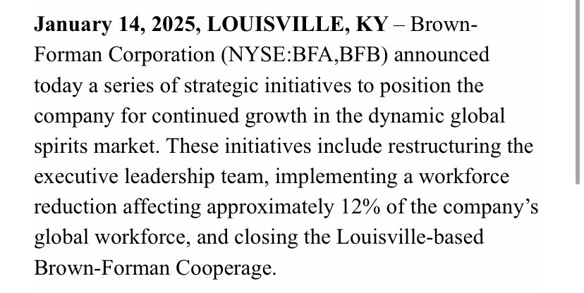 PaulMiles840's tweet photo. BREAKING:  Brown-Forman Corp. announces workforce reduction and closure of its Louisville-based barrel-making operation. https://t.co/nAJ2BjHo6D